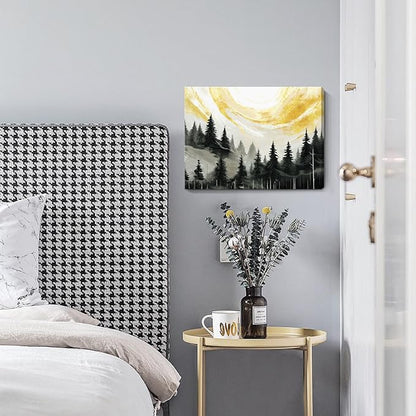 ARTZON Black Wall Art – Abstract Forest Sunrise Landscape Canvas Print, Mountain Retro Foggy Pine Tree Nature Picture, Vintage Decorative Small Moody Artwork for Bathroom or Bedroom, 16x12 Inch
