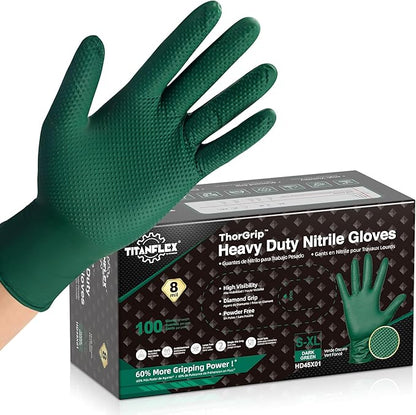 TitanFlex Heavy Duty Industrial Nitrile Gloves with Raised Diamond Texture, 8-mil, Latex Free, Powder Free (Green/Dark Green)