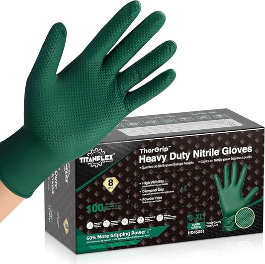 TitanFlex Heavy Duty Industrial Nitrile Gloves with Raised Diamond Texture, 8-mil, Latex Free, Powder Free (Green/Dark Green)