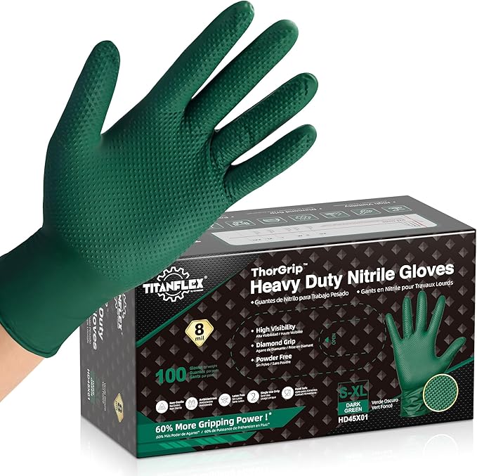 TitanFlex Heavy Duty Industrial Nitrile Gloves with Raised Diamond Texture, 8-mil, Latex Free, Powder Free (Green/Dark Green)