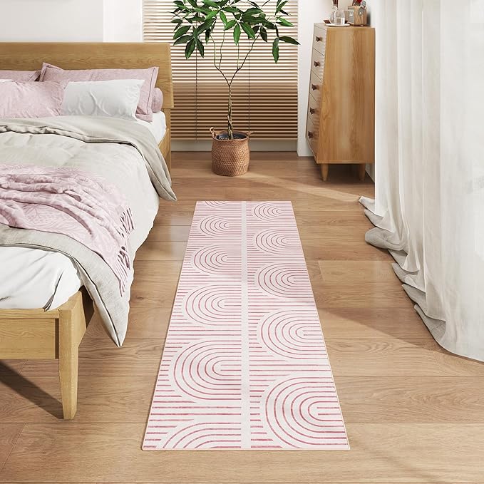 2x6 Washable Pink Runner Rugs for Kitchen, Soft Abstract Rainbow Boho Rug for Bedroom Bedside Laundry Room Bathroom,Modern Non Slip Low Pile Floor Mat