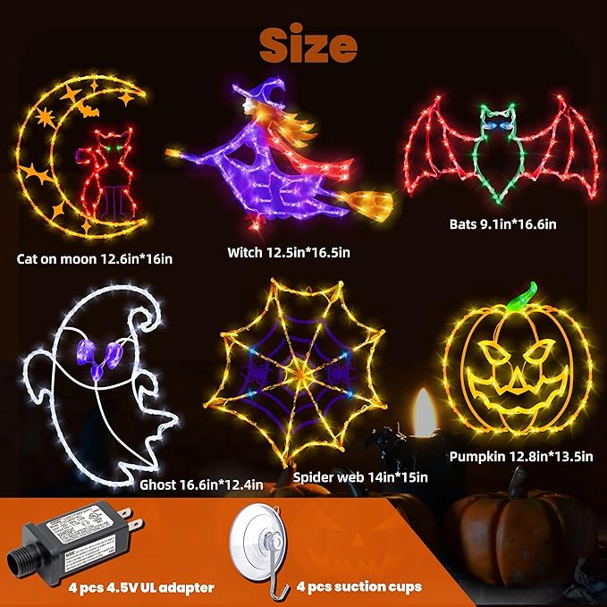 16" Halloween Window Silhouette Lights Decorations - 6 Pack Colour Lighted Cat on Moon ＆ Ghost ＆ Spider Web ＆ Pumpkin ＆ Witch ＆ Bat for Holiday Indoor and Outdoor Wall Door Window Decorate