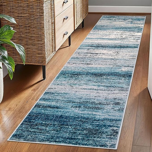 KOZYFLY Modern Abstract Runner Rug, 2x7 Kitchen Rugs Non-Slip Washable Soft Striped Runners for Hallways, Print Blue Carpet Runner for Entryway Bathroom Laundry Room Foyer