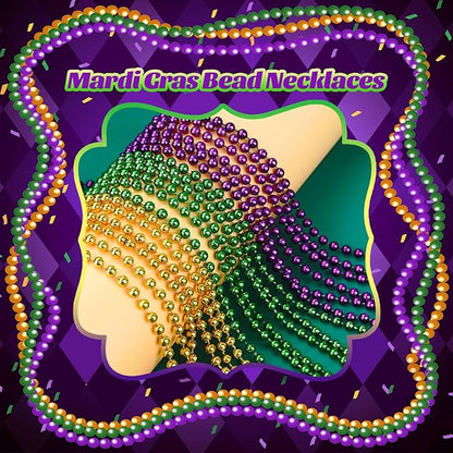 144 PCS Mardi Gras Beads Necklaces, Gold Green Purple Metallic Bead Necklaces 33” Mardi Gras Beads Necklaces Accessories Bulk Party Beads Necklaces for Mardi Gras Party, Throw Beads Party Favors