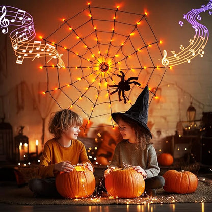 Vanthylit Halloween Decorations, Spider Web Lights Motion-Activated Sensor, 4FT 84LED Light Up Spider Web with Black Spider, Halloween Lights for Window Indoor Outdoor Horror Decor(Orange & Purple)