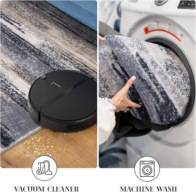 Modern Abstract Runner Rug 2.6x8, Grey Black Multi Washable Kitchen Runner Non-Slip Soft Hallway Rug Runner Thin Print Faux Wool Carpet for Entryway Bedroom Laundry Room Indoor Home Decor