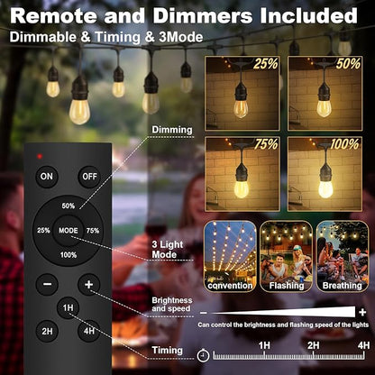 100FT Outdoor String Lights with 64+4 Bulbs (1.5FT Bulbs Spacing), Remote & Dimmer, Commercial Patio String Lights with 3 Mode Light & Timing, IP65 Waterproof, 100PC Mounting Ties for Outside