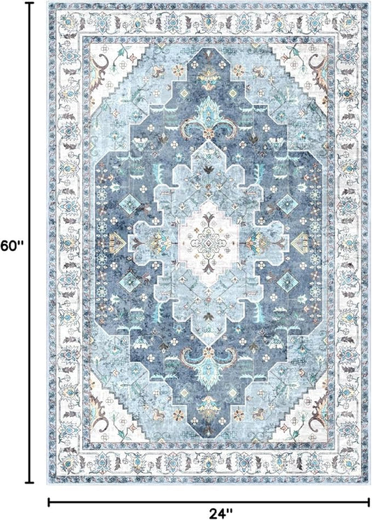 SERISSA Boho Washable Runner Rug, 2x5 Rug Non-Slip Vintage Blue Hallway Kitchen Runner Rug Ultra Soft Print Distressed Floor Carpet for Bedroom Bathroom Laundry Living Room