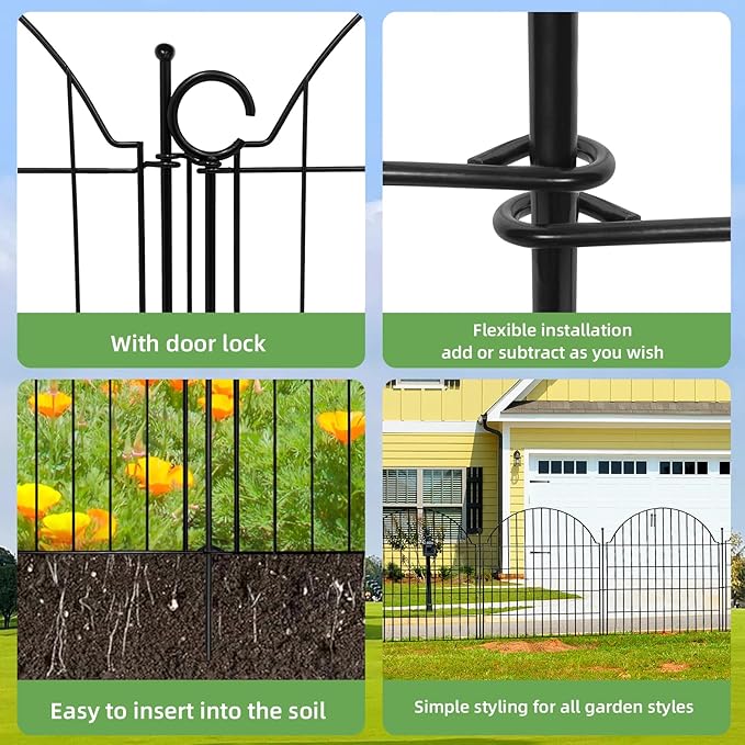 Decorative Metal Garden Fence with Gate Lock 10 Panels, 40in (H) x 23.6ft (L) No Dig Dog Fence Outdoor for Yard, Temporary Rustproof Metal Wire Rabbit Dog Garden Border Fencing for Patio