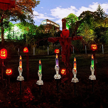 WATERGLIDE Halloween Candle Light Stakes, 5 Pack Skeleton Hands Hold Lighted Candle Pathway Makers, Waterproof Battery Operated with Timer, Light Up Figurine for Indoor Outdoor Holiday Party
