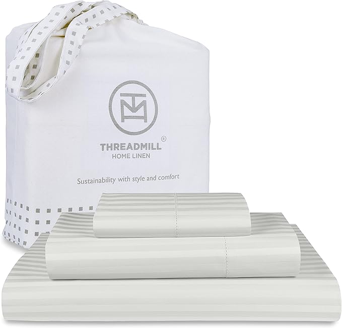 Threadmill 100% Cotton Sheets for Twin Size Bed - 600 Thread Count Twin Bed Sheets Set with 15” Deep Pocket - Damask Stripe Sateen Weave 3-Piece Bedding Set with Cooling Effect, Light Grey