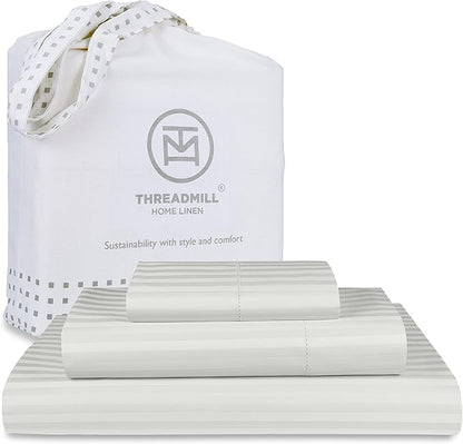 Threadmill 100% Cotton Sheets for Twin Size Bed - 600 Thread Count Twin Bed Sheets Set with 15” Deep Pocket - Damask Stripe Sateen Weave 3-Piece Bedding Set with Cooling Effect, Light Grey
