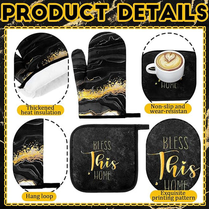 10 Pcs Christmas Marble Farmhouse Kitchen Decor Accessories Set Marble Kitchen Dish Towels Rugs Oven Mitts and Pot Holders Sets for Cooking Baking Daughter Mom Gift(Black)