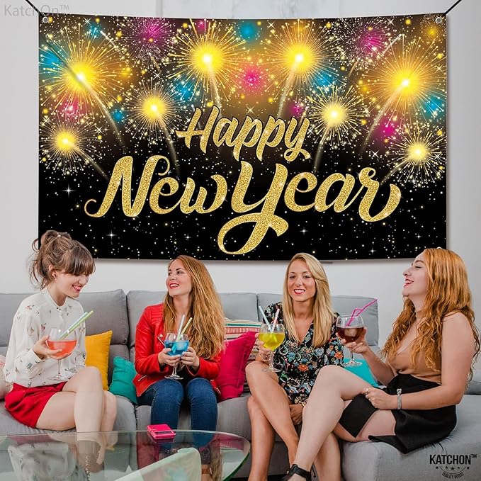 KatchOn, XtraLarge Happy New Year Banner - 72x44 Inch | Happy New Year Backdrop for New Years Decorations 2026 | NYE Eve Banner for NYE Decorations 2026 | New Years Eve Party Supplies 2026