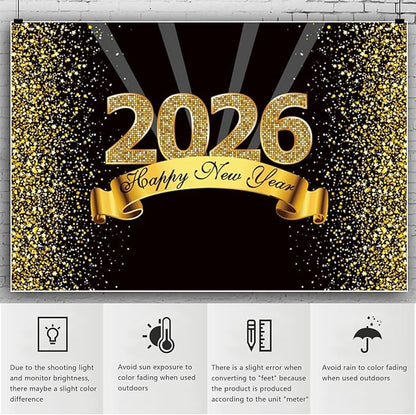YongFoto 2026 Happy New Year Backdrop 12x8ft Black Gold Photography Background Merry Christmas Night Festival Carnival Celebration Party Banquet Decor Banner Photoshoot Wallpaper Photo Booth