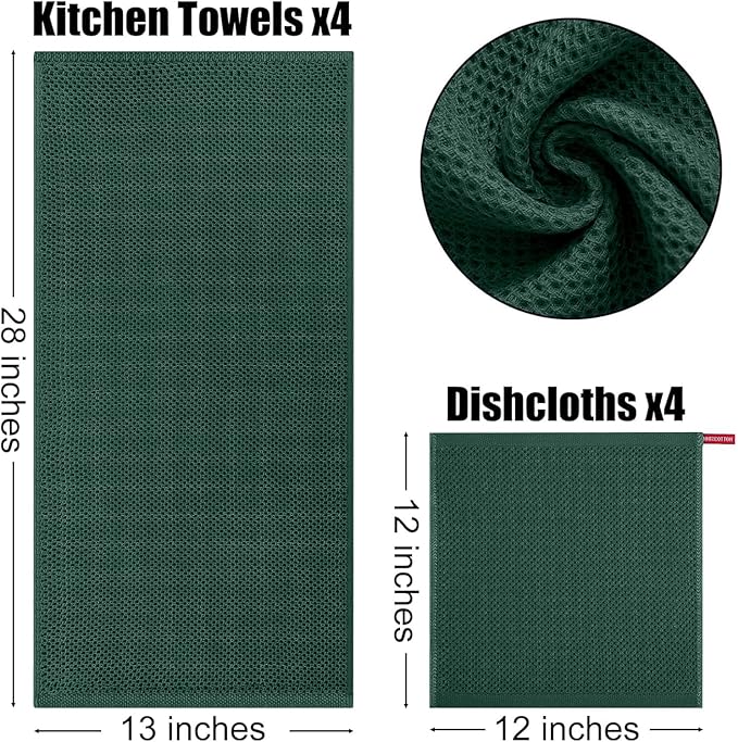 Kitinjoy 100% Cotton Kitchen Towels and Dishcloths Set, 8 Pack Waffle Weave Dish Towels Ultra Soft Absorbent Quick Drying Dish Rags, 13 x 28 Inch and 12 X 12 Inch, Blackish Green
