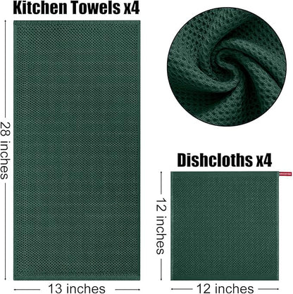Kitinjoy 100% Cotton Kitchen Towels and Dishcloths Set, 8 Pack Waffle Weave Dish Towels Ultra Soft Absorbent Quick Drying Dish Rags, 13 x 28 Inch and 12 X 12 Inch, Blackish Green