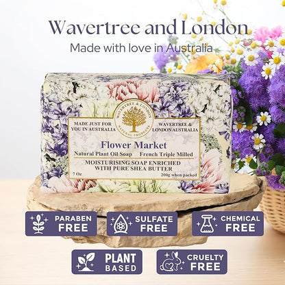 Wavetree & London Flower Market Scented Natural Soap Bar, 7oz Moisturizing French Triple Milled Soap Bar for Women & Men Enriched with Organic Shea Butter, Pure Bath & Body Soap (1 Bar)