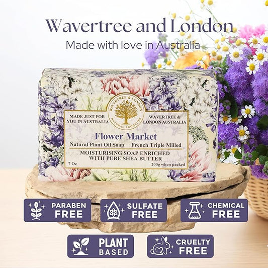 Wavetree & London Flower Market Scented Natural Soap Bar, 7oz Moisturizing French Triple Milled Soap Bar for Women & Men Enriched with Organic Shea Butter, Pure Bath & Body Soap (1 Bar)