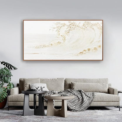 Canvas Wall Art Decor Bedroom Hand Painted White Wave With Golden Embellishments Pictures Decoration Artwork Wall Art Large Modern Painting Pictures For Living Room Home Kitchen Office 29"x58" Inch With Framed