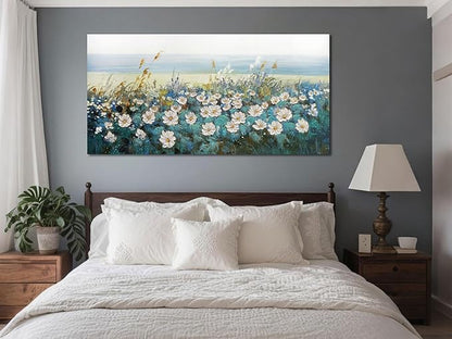 Arjun Flower Wall Art Bedroom Wall Decor, Oversize Extra Large Canvas White Daisy Floral Painting Landscape Picture Art Work for Living Room Textured Office Home Dining Room, Oversized 58"x29"