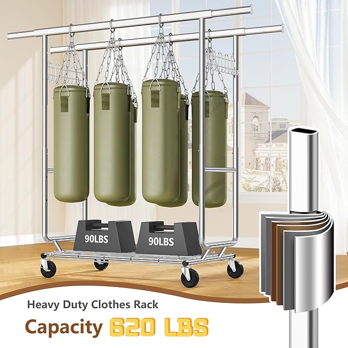 Hoctieon 2-Minute Assembly Double Rod Clothes Rack, Heavy Duty Rolling Clothing Racks with Wheels, Foldable Commercial Garment Rack, Extendable Hanging Bar, Adjustable Metal Pole with Hooks, Chrome