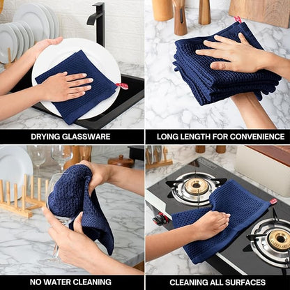 Cotton Waffle Weave Kitchen Wash Cloths - Pack of 8 (12x12 Inches) | Ultra Soft, Absorbent Dish Cloth | Quick Dry, Dish Cloths, Hand Towels & Dish Rags - Blue (Kitchen Essentials)