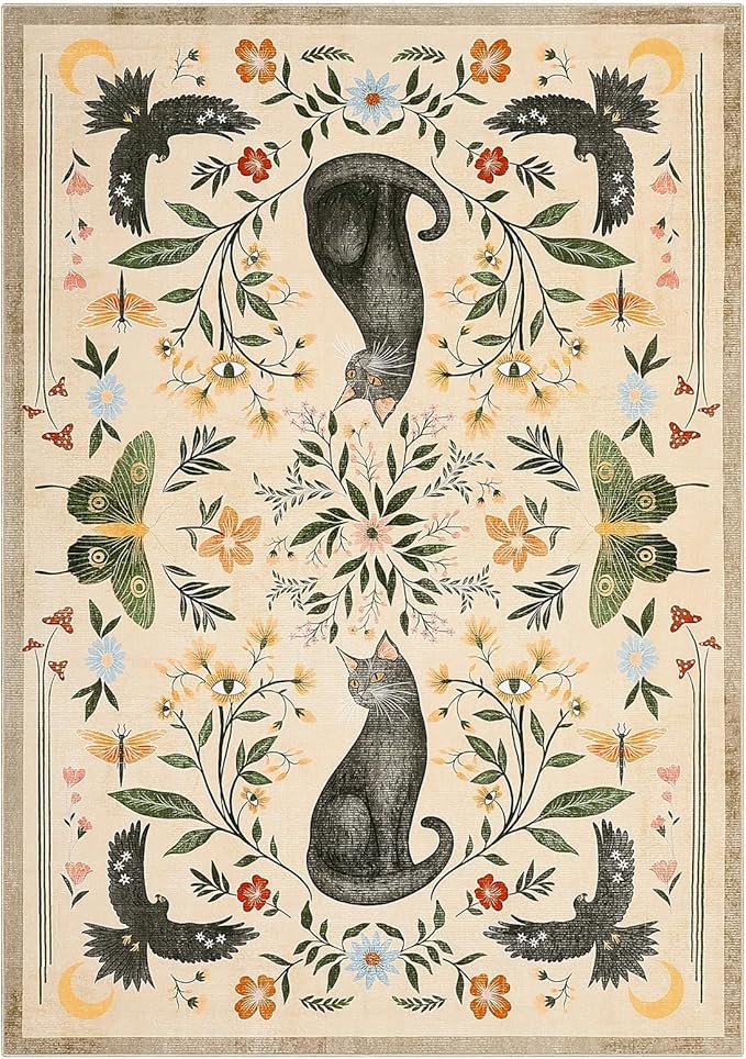 GarveeHome 4x6 Cat Washable Area Rug for Nursery Room, Mushroom Floral Beige Bedroom Rug Non Slip Low Pile Butterfly Carpet Stain Resistant Throw Rug for Dorm Kids Room Office Dining Room