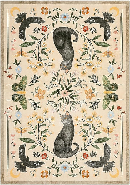 GarveeHome 4x6 Cat Washable Area Rug for Nursery Room, Mushroom Floral Beige Bedroom Rug Non Slip Low Pile Butterfly Carpet Stain Resistant Throw Rug for Dorm Kids Room Office Dining Room