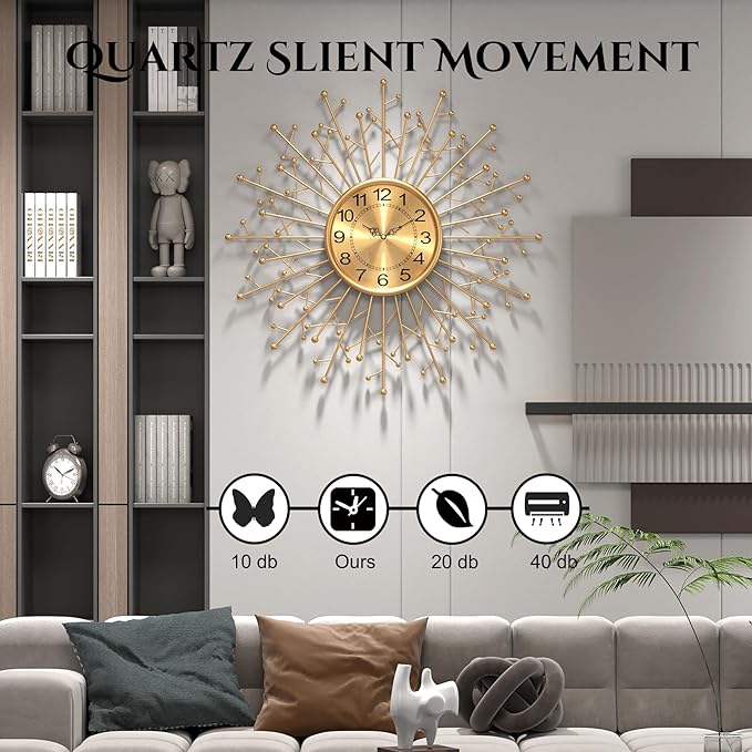 Large Modern Gold Wall Clock Decorative Mid Century Sunburst Branch Wall Clocks, Minimalism Metal Silent Clock, Luxury Home Gift Decor for Living Room, Bedroom, Dining Room, 24 inch