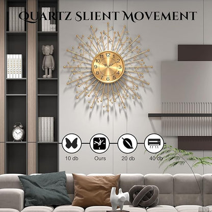 Large Modern Gold Wall Clock Decorative Mid Century Sunburst Branch Wall Clocks, Minimalism Metal Silent Clock, Luxury Home Gift Decor for Living Room, Bedroom, Dining Room, 24 inch