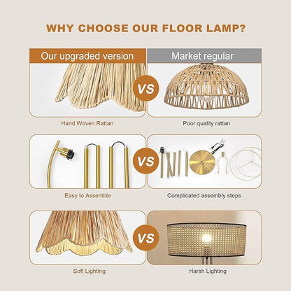 Oneach Arc Floor Lamp for Living Room,Rattan Boho Floor Lamp with Hand-Woven Wicker Shade, Foot Switch,Gold Metal Base & Pole,Farmhouse Standing Lamp for Bedroom Corner,Reading