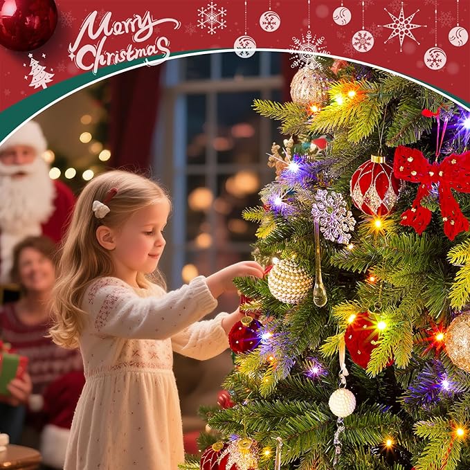 GGOYING 6.5FT Pre-Lit Flocked Christmas Tree with Rotating Stand & Remote, Green Dense Branches, Realistic Holiday Decorations, LED Lights (RGB + Warm White)