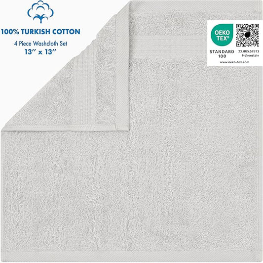 Cotton Paradise 100% Cotton Turkish Washcloth Set for Bathroom, 4 Piece Soft Absorbent Small Hand Face Towels Wash Rags, Silver Grey