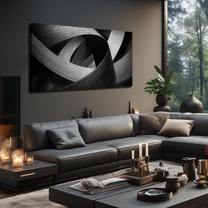 JuhaiArt Abstract Canvas Art for Living Room Bedroom Office Black Wall Decor Gray Picture Artwork 24" x 48" Lines Prints