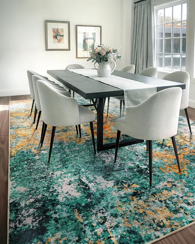 10x12 Area Rug for Living Room - Washable Abstract Rus Modern Neutral Soft Rug for Bedroom Dining Room No Slip Low Pile Carpet for Nursery Home Office - Teal/Orange