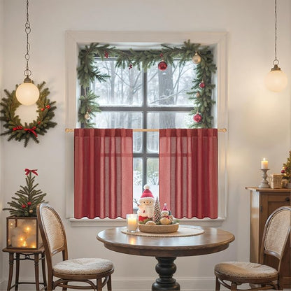 YoungsTex Burgundy Red Linen Kitchen Curtains for Window Over Sink, Short Semi Sheer Drapes with Rod Pocket Back Tab Light Filtering Christmas Decor for Bathroom Cafe, 2 Panels, 42 X 36 Inch