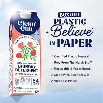 Ultra Concentrated Liquid Laundry Detergent Soap, 64 loads (32 oz), Long Lasting Scent, 90% Less Plastic, No Harsh Chemicals, Juniper Sandalwood, Defeats Stains & Odors, HE/Standard Compatible