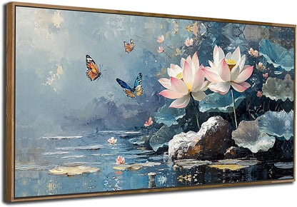 Ardemy Lotus Floral Canvas Wall Art Lrage Framed Pictures Wall Decor Living Room Flower Paintings Artwork for Walls Bedroom Kitchen Dining Room Home Office, 48"x24"