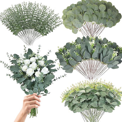Eucalyptus Leaves Stems 200 PCS, 4 Kinds Mixed Artificial Greenery Stems for Wedding Decor Vase Floral Arrangement Centerpiece