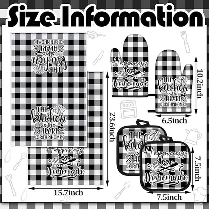 Sratte 6 Pcs Kitchen Decor Accessories Set Farmhouse Towels Pot Holders Oven Mitts Set 2 Dish Towels 2 Potholders 2 Cooking Mittens Oven Glove for Christmas Baking Cooking Supply(Black White,Kitchen)
