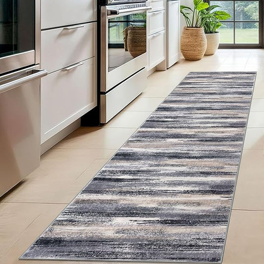 Modern Abstract Hallway Runner Rug, Grey Black Multi Washable Kitchen Runner Non-Slip Soft 2x8 Runner Rug Thin Print Faux Wool Carpet for Entryway Bedroom Laundry Room Indoor Home Decor