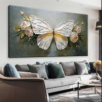 Large Wall Art Decor Abstract White Simple Butterfly And Rose Wall Art For Living Room Bedroom Office Kitchen Home Wall Decor 29x58 Inch Modern Abstract Artwork