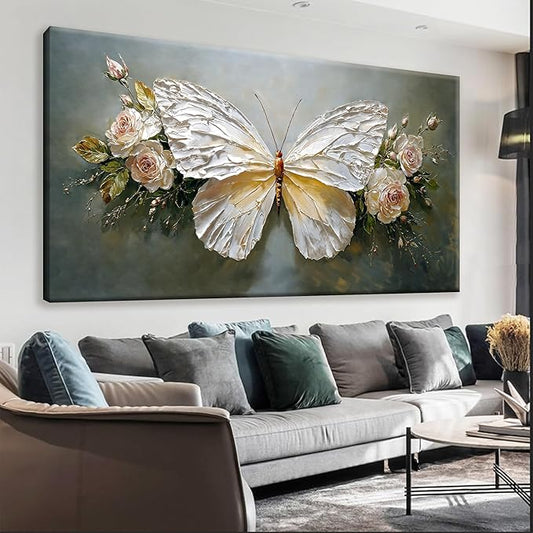 Large Wall Art Decor Abstract White Simple Butterfly And Rose Wall Art For Living Room Bedroom Office Kitchen Home Wall Decor 29x58 Inch Modern Abstract Artwork