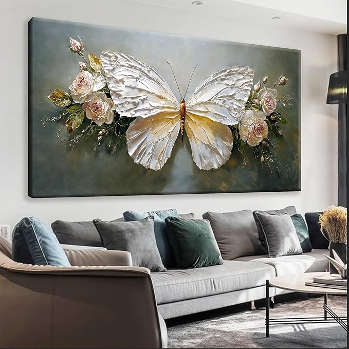 Modern Abstract Artwork White Simple Butterfly And Rose Wall Art Decor Canvas Prints Art Work For Wall Decor For Bedroom Living Room Apartment Kitchen Bathroom Office 20x40 Inch