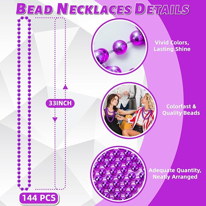 YAXINRUI 144 PCS Purple Bead Necklace, Purple Mardi Gras Beads, Halloween Beads Necklaces, 33 Inch Round Beaded Necklace Costume Necklace for Mardi Gras Christmas Halloween Party Favors