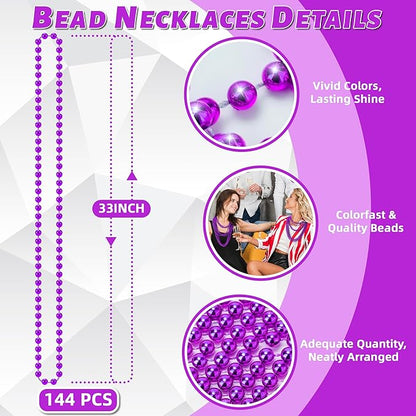YAXINRUI 144 PCS Purple Bead Necklace, Purple Mardi Gras Beads, Halloween Beads Necklaces, 33 Inch Round Beaded Necklace Costume Necklace for Mardi Gras Christmas Halloween Party Favors