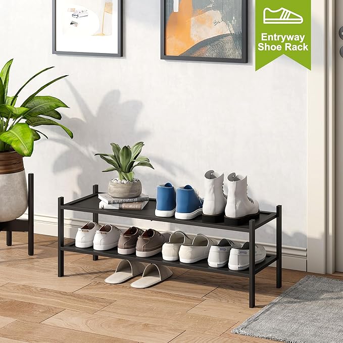 BMOSU 2-Tier Bamboo Extended Shoe Rack Premium Stackable Shoe Shelf Storage Organizer for Hallway Closet Living Room Entryway Organizer(Black)