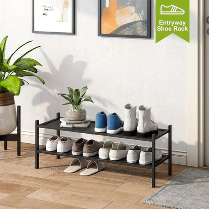 BMOSU 2-Tier Bamboo Extended Shoe Rack Premium Stackable Shoe Shelf Storage Organizer for Hallway Closet Living Room Entryway Organizer(Black)