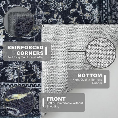 KILOCOCO Hallway Runner 2x12 Rug Runner Printed Vintage Floral Washable Non-Slip Rubber Backed Runners for Hallways Kitchen Laundry Room Entryway Bedroom, Charcoal